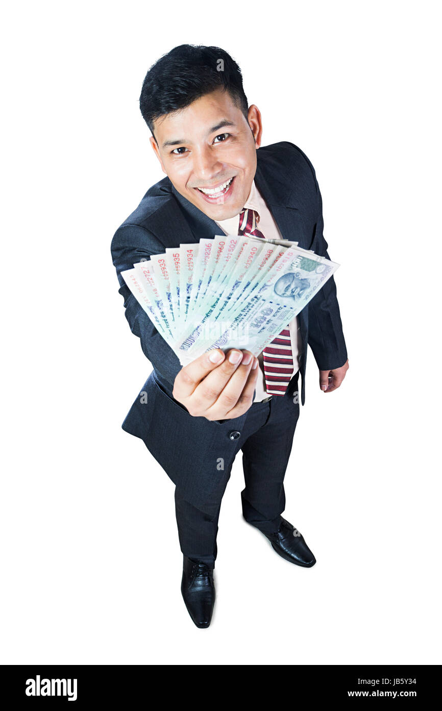 1 Geschäftsmann, Rupien Cash Gier Lotterie Geld Förderung indischer Währung Konzept Stockfoto