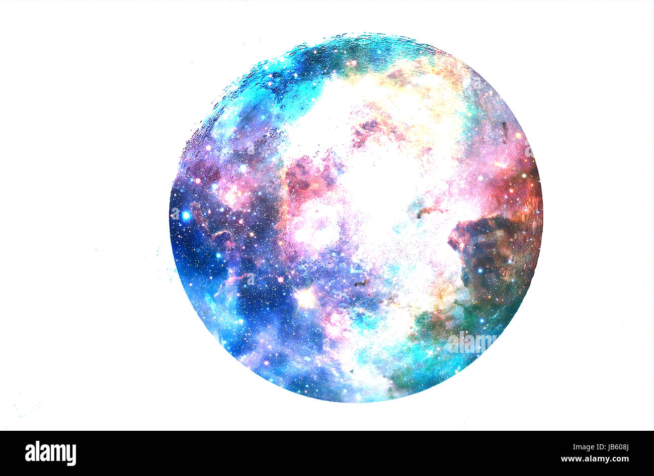 Kosmos und Mond. Collage auf weißem Hintergrund. Stockfoto