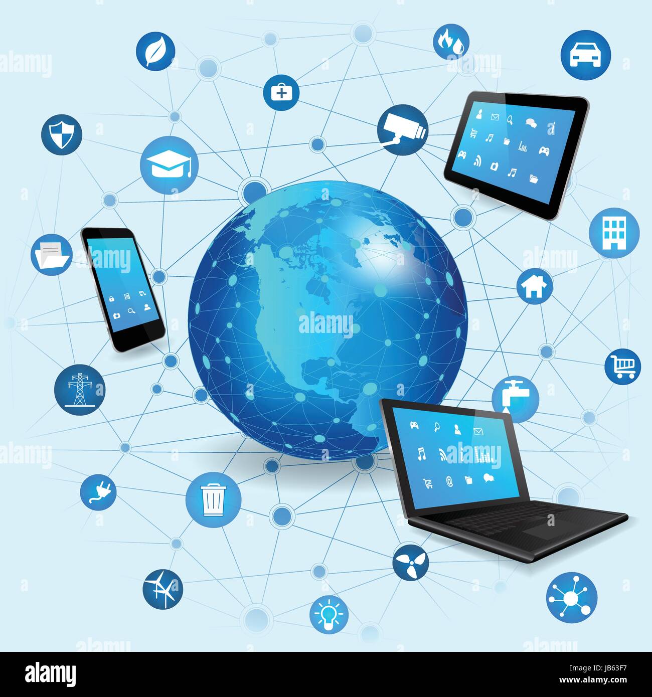Internet der Dinge-Konzept mit verschiedenen Symbol und Elemente. Digitale Netzwerk Verbindung moderner Kommunikationstechnik. Laptop, TabletPC und Smart P Stock Vektor
