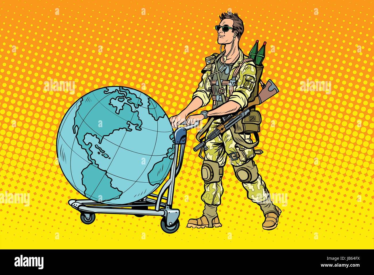 Militärtourismus, der Söldner mit einem Karren Erde. Krieg und Soldaten. Pop-Art-Retro-Vektor-illustration Stock Vektor