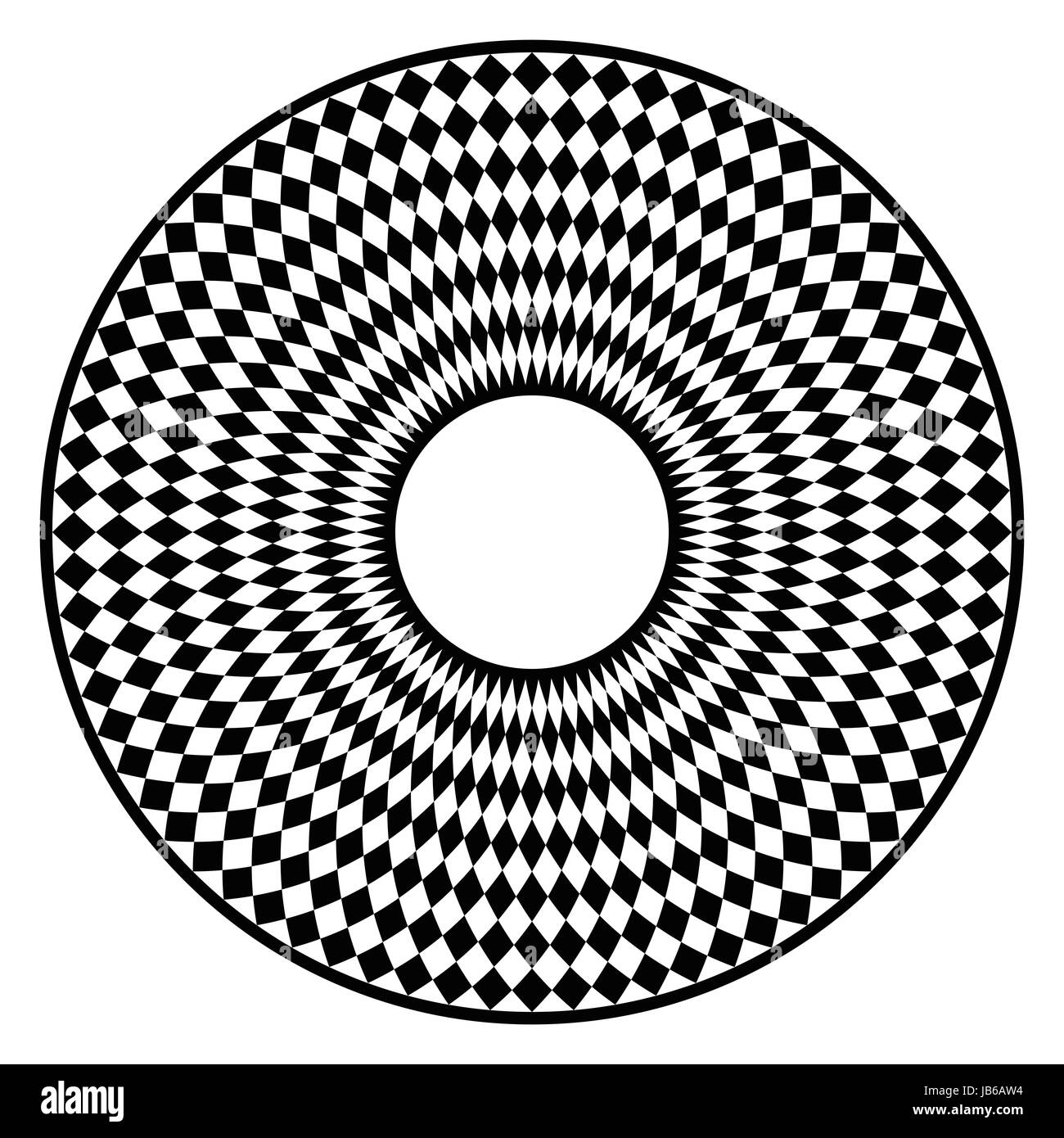Kreisförmige Schachbrettmuster. Scheibe mit schwarzen Schachbrettmuster in einem Kreis mit rautenförmigen Fliesen. Eine optische Illusion von Bewegung erzeugt. Stockfoto