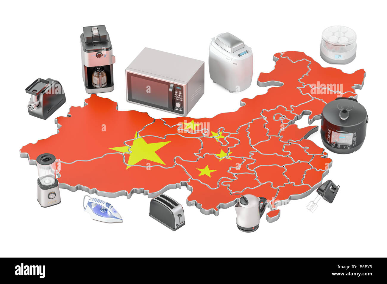 Einkaufs- und Lieferservice Haushaltsgeräte aus China Konzept, 3D-Rendering isolierten auf weißen Hintergrund Stockfoto