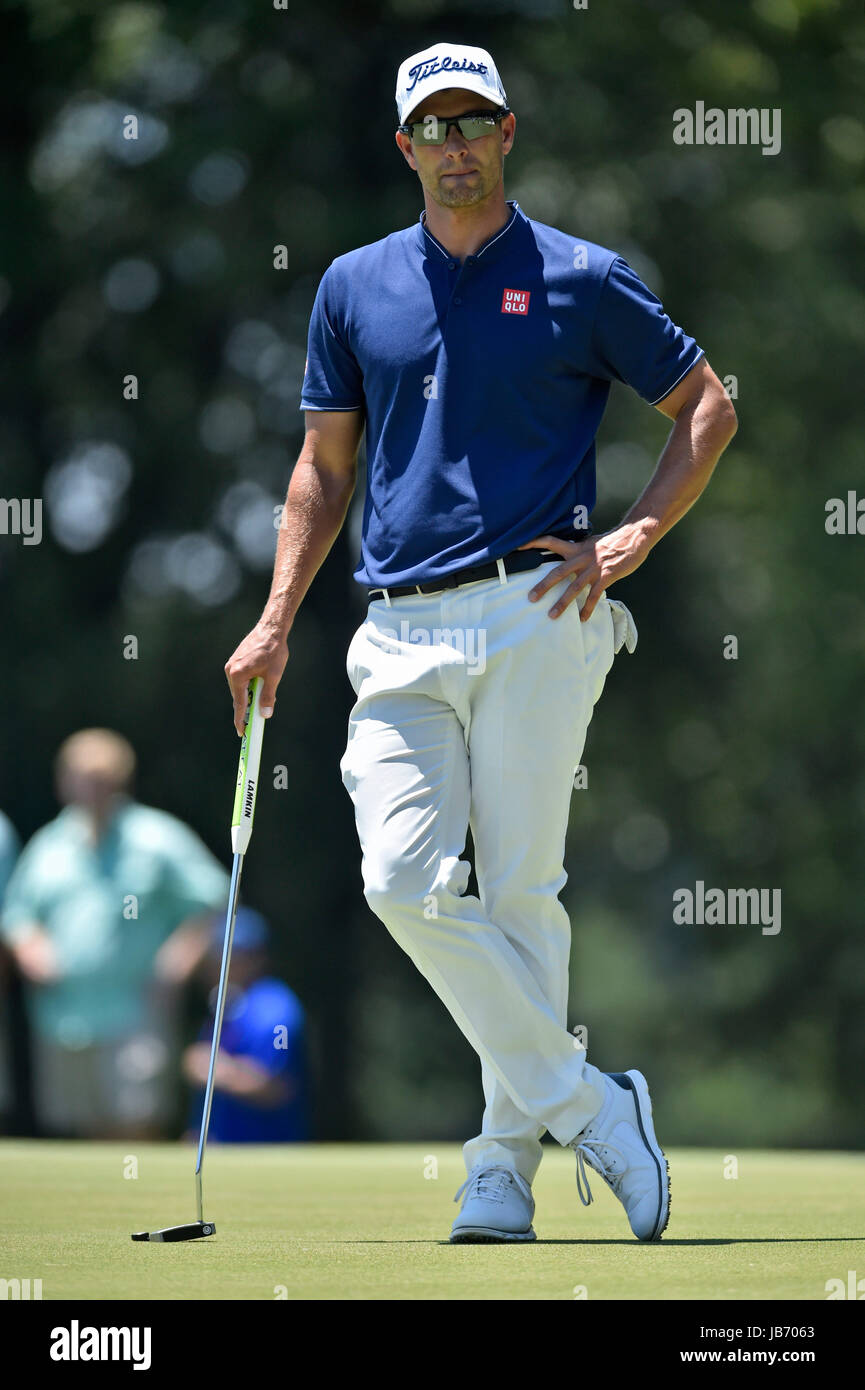 Memphis, TN, USA. 9. Juni 2017. Adam Scott auf dem Grün der zweiten Bohrung in der zweiten Runde des FedEx St. Jude Classic bei TPC Southwind in Memphis, TN Austin McAfee/CSM/Alamy Live News Stockfoto