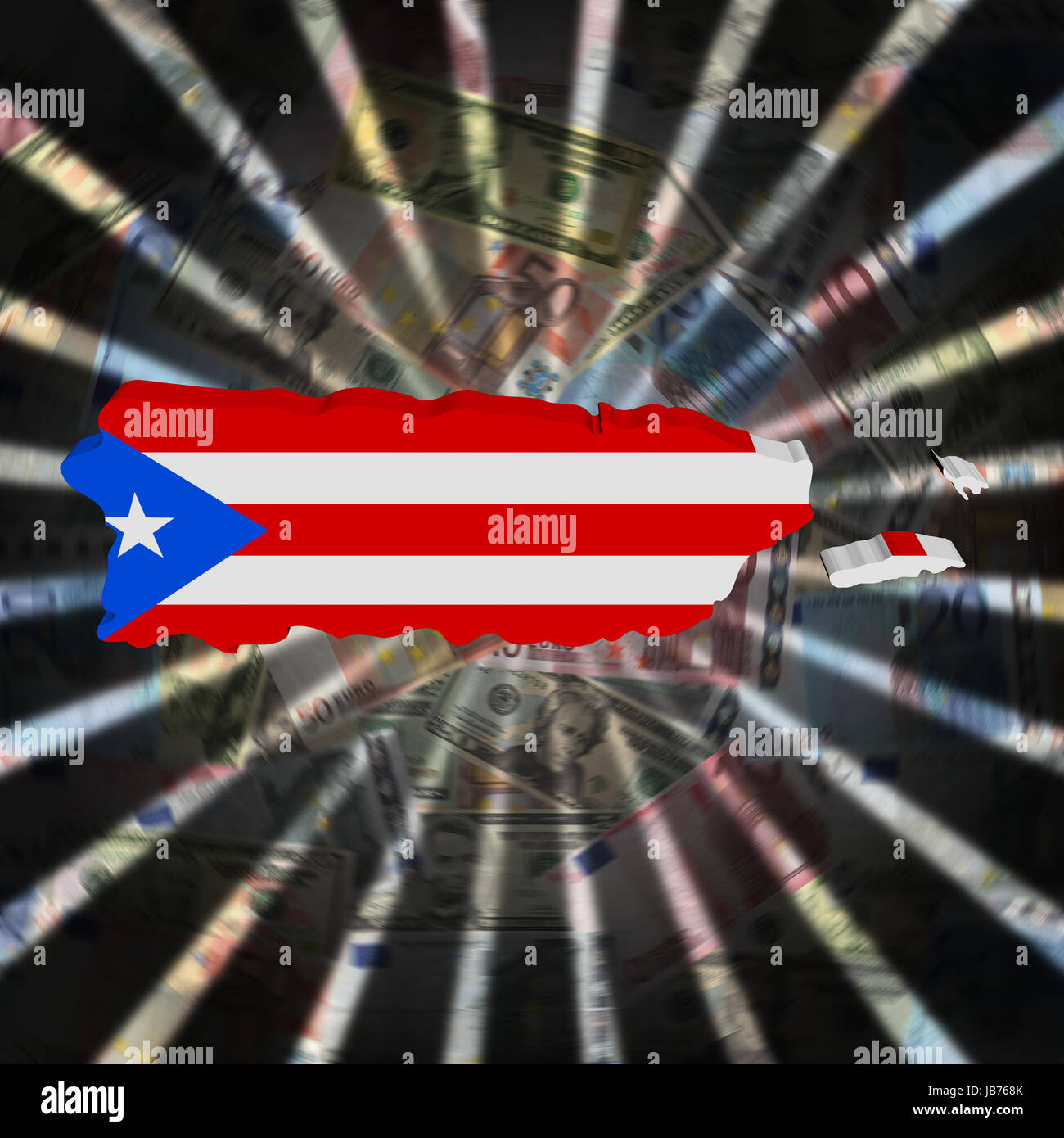 Puerto Rico Karte Flagge auf Währung platzen illustration Stockfoto