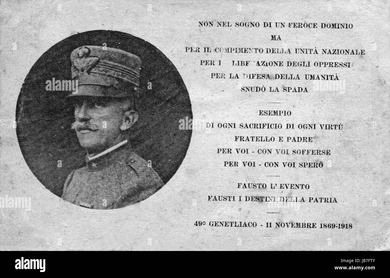 Gedenk-Postkarte 49. Geburtstag des Königs von Italien Vittorio Emanuele III (11 November 1918) Stockfoto