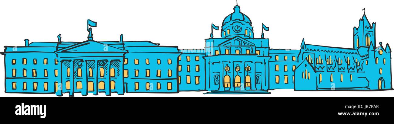 Dublin Irland farbigen Panorama, blaue Form mit gelben Highlights gefüllt. Skalierbare urbane Stadtbild Vektor-Illustration Stock Vektor
