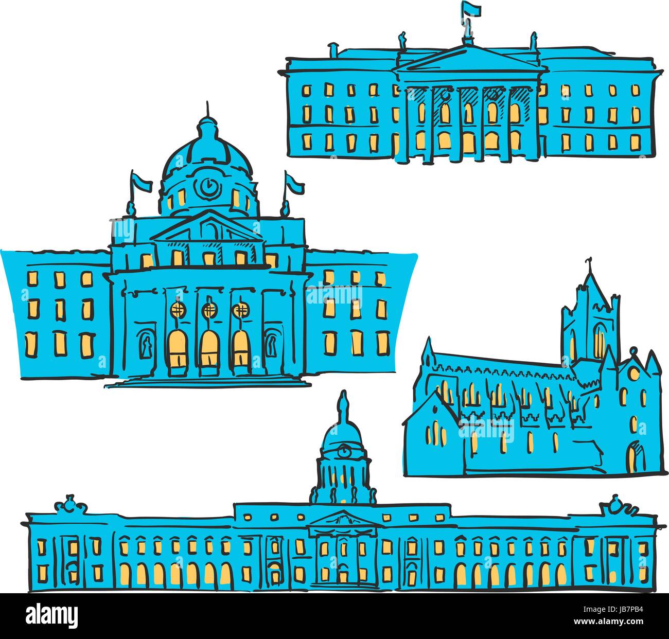 Dublin Irland farbige Wahrzeichen, skalierbare Vektor Denkmäler. Gefüllte blaue Form mit gelben Highlights. Stock Vektor