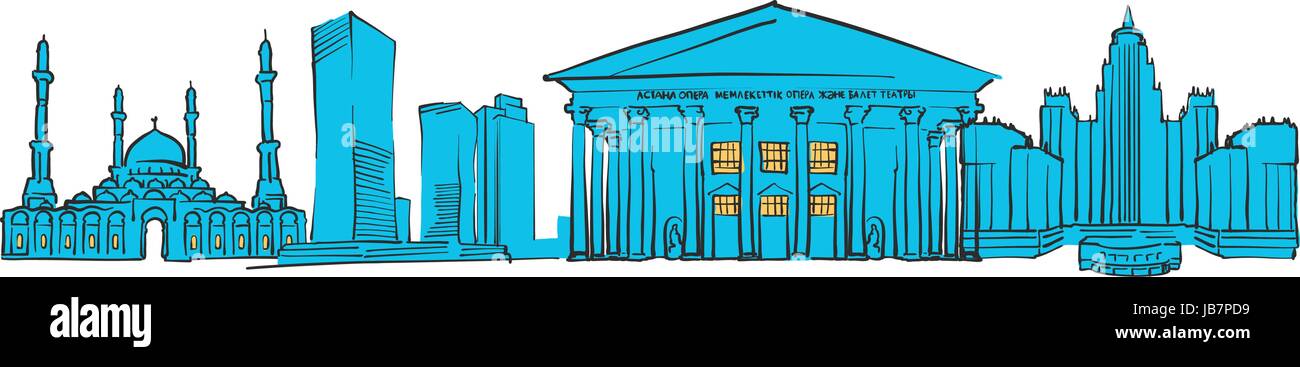 Astana Kasachstan farbigen Panorama, blaue Form mit gelben Highlights gefüllt. Skalierbare urbane Stadtbild Vektor-Illustration Stock Vektor
