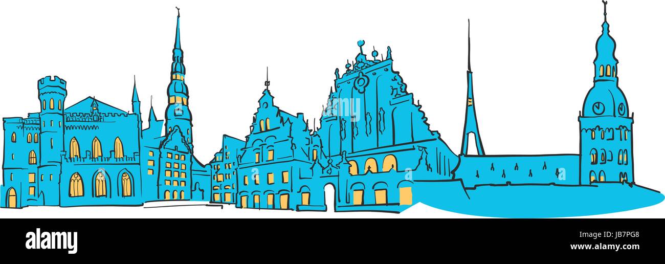 Riga Lettland farbigen Panorama, blaue Form mit gelben Highlights gefüllt. Skalierbare urbane Stadtbild Vektor-Illustration Stock Vektor