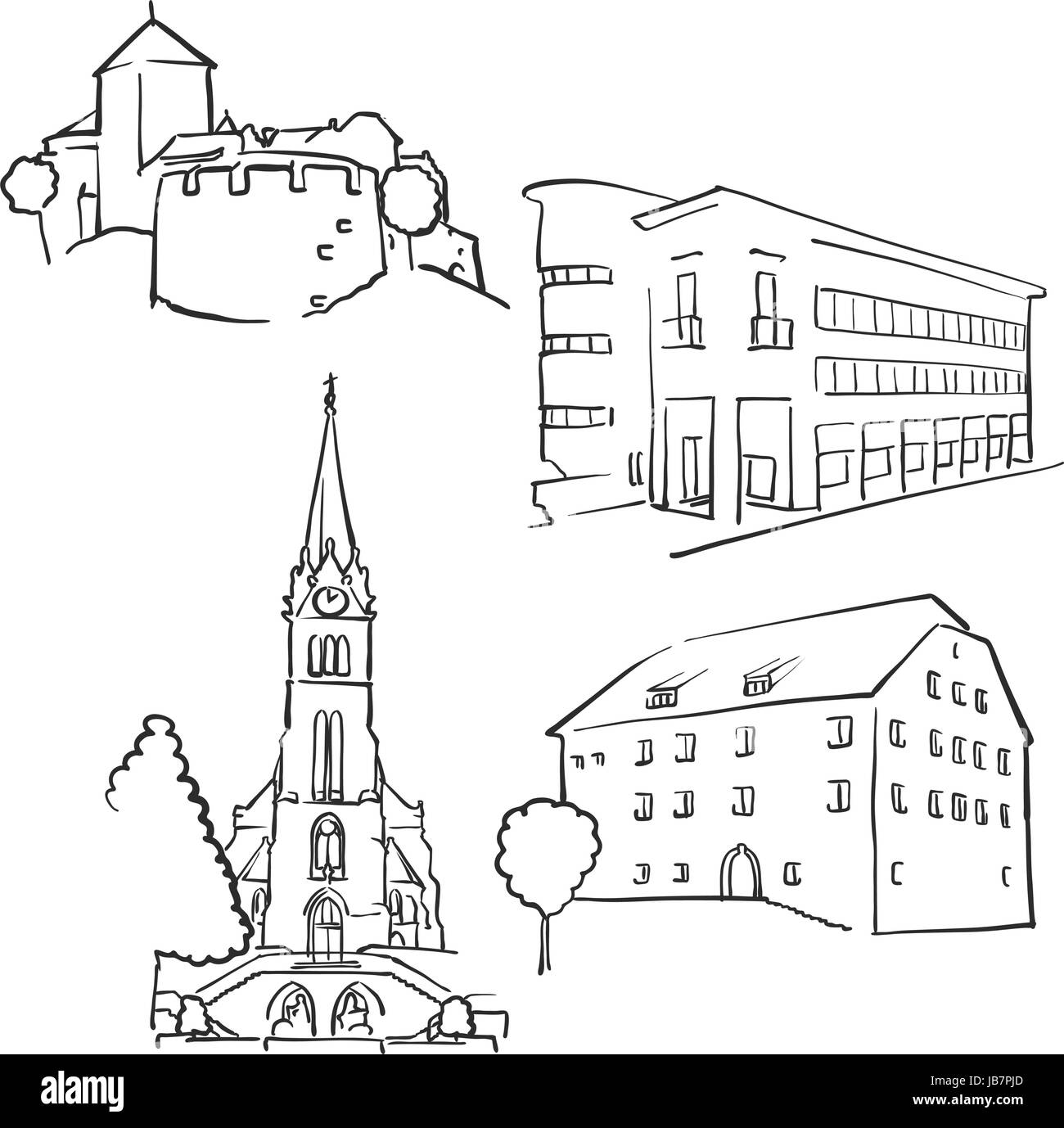 Vaduz Liechtenstein berühmte Bauwerke, Monochrome skizzierten Reisen Sehenswürdigkeiten, skalierbare Vektor-Illustration Stock Vektor