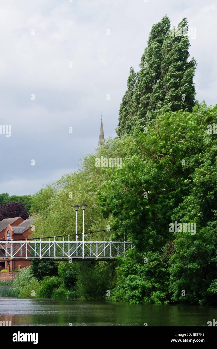 Karottenhosenträger Wehr Hängebrücke (1935), Kirchturm St. Leonards, Bäume und der Fluß Exe. Exeter, Devon, UK. Juni 2017. Stockfoto
