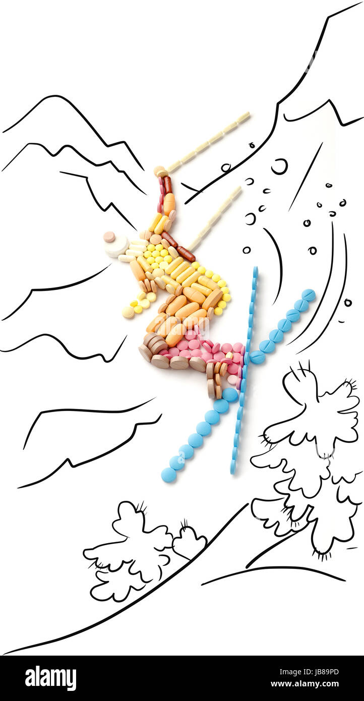 Doping-Pillen und Medikamente in Form von professionelle Skifahrer von einer Klippe springen. Stockfoto