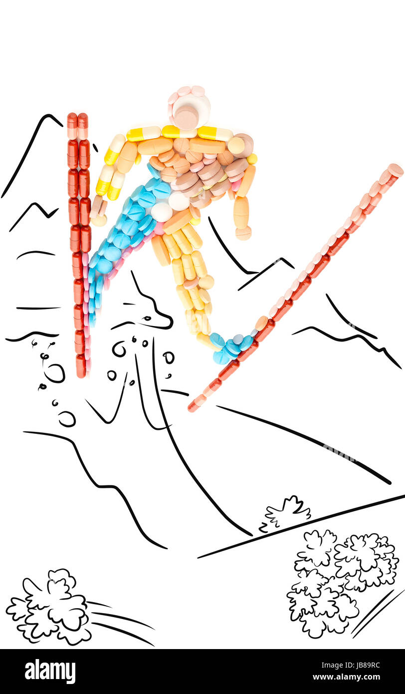 Doping-Pillen in der Form eines professionellen Skifahrers in Sprung von einem Berg. Stockfoto
