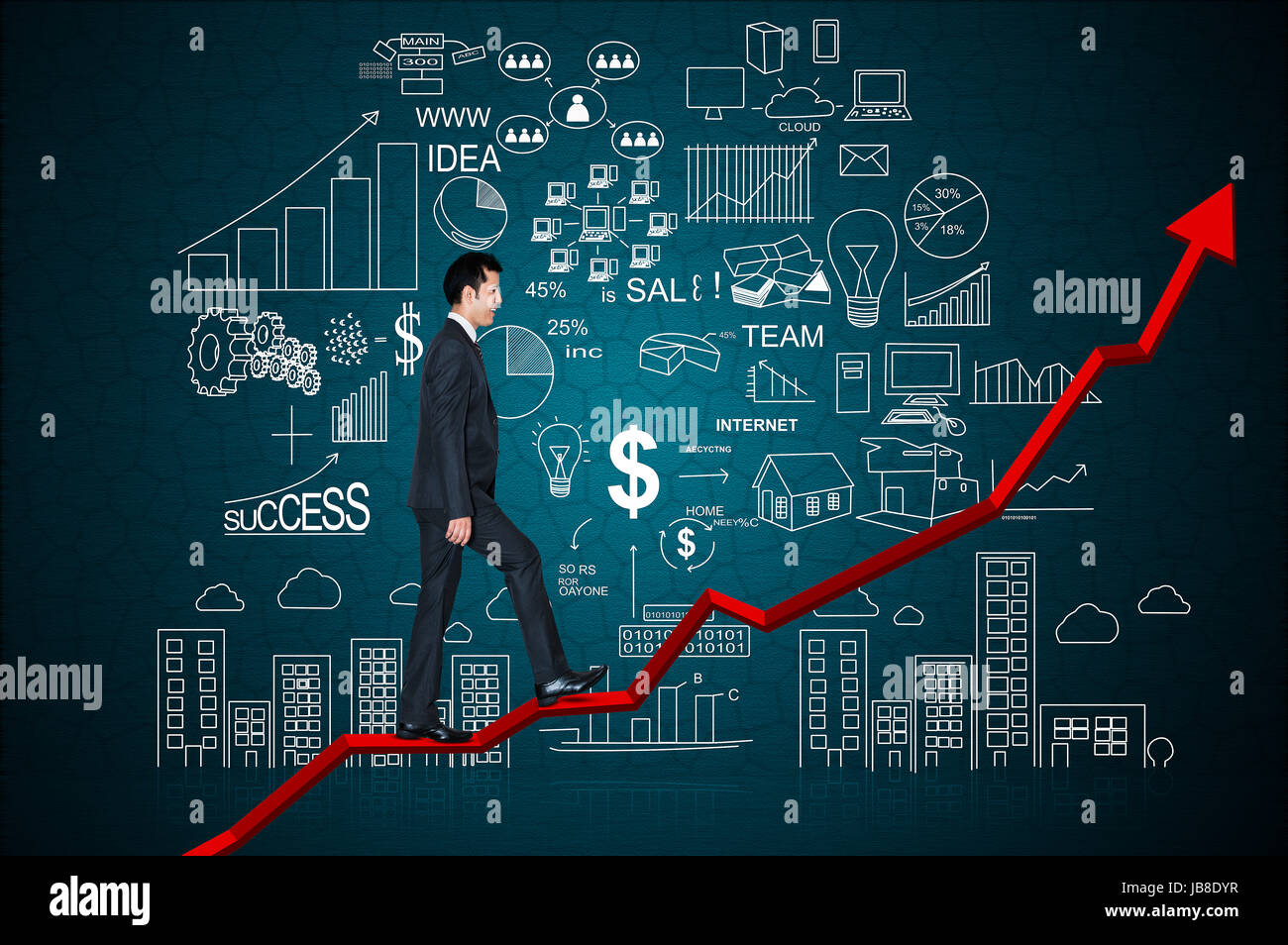 1 indischer Geschäftsmann Illustration Malerei Wandern Pfeil Moving-Up Stockfoto
