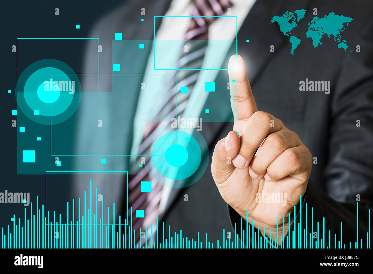 1 Geschäftsmann virtuellen Bildschirm berühren Grafik Börse Stockfoto
