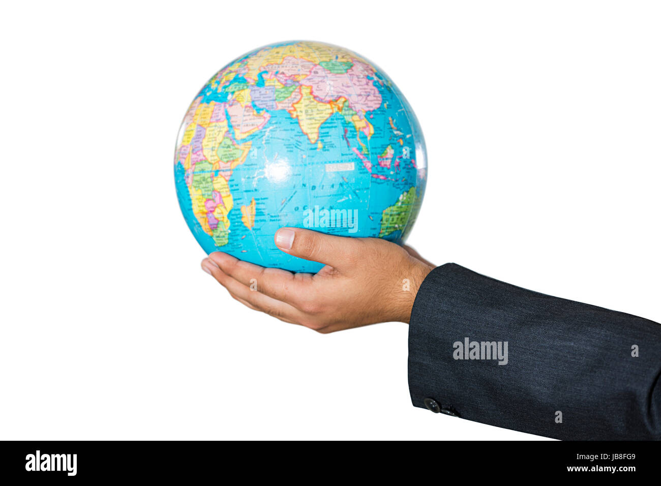 1 Business Mann Hand, die Weltkugel Karte Stockfoto