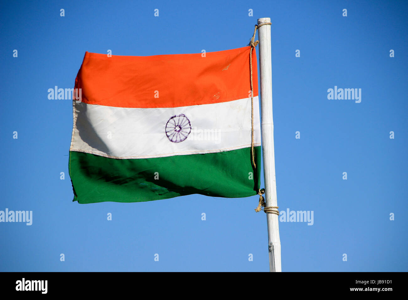 Indische Nationalflagge mit Safran, weißen und grünen Farbstreifen und Ashoka Chakra Rad in der Mitte Stockfoto