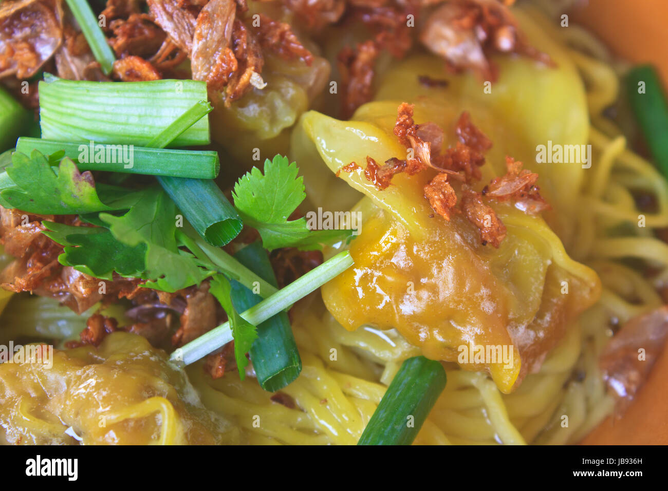 Chinesisches Essen, Wan-Tan und Nudelgerichte für Traditonal Gourmet-Knödel Bild Stockfoto