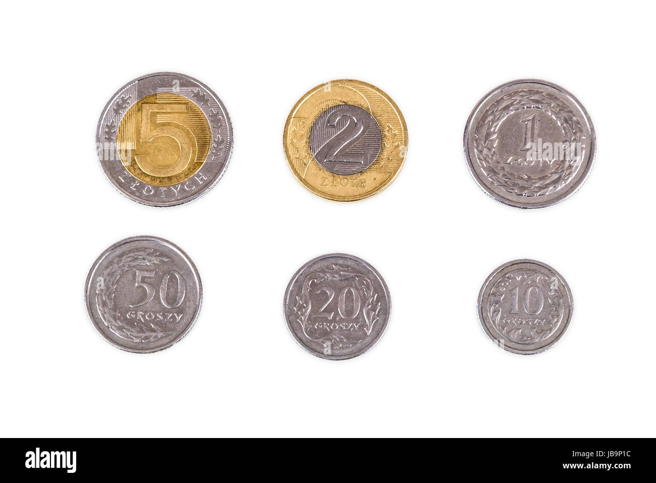 Polnische Münzen isoliert auf weißem Hintergrund mit Beschneidungspfad Stockfoto