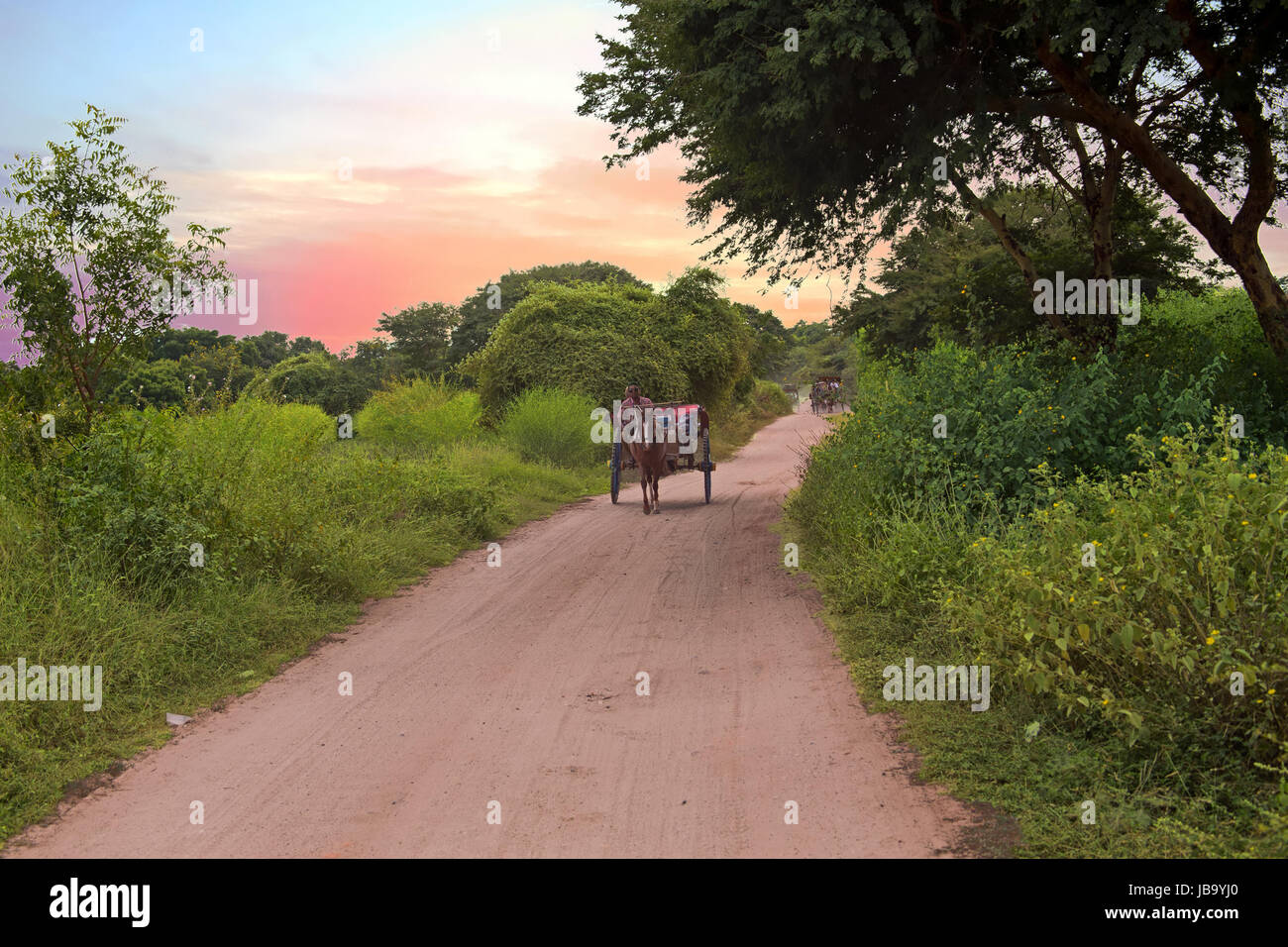 Reiten-Pferdewagen auf staubigen Straße in Bagan, Myanmar bei Sonnenuntergang Stockfoto