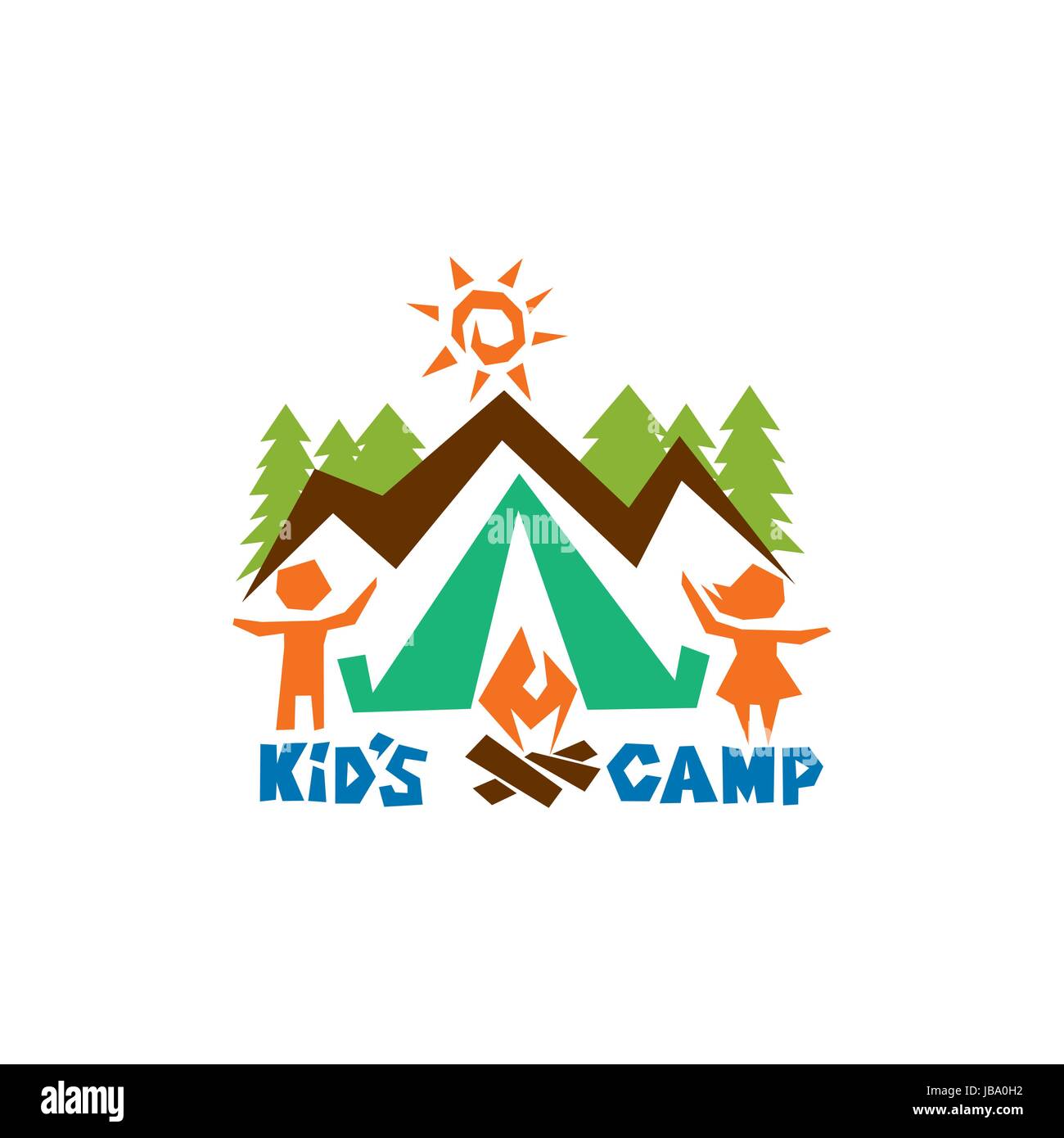 Logo des Kinder Camp. Berge, Sonne, Zelt und Feuer, Kinder Stock Vektor