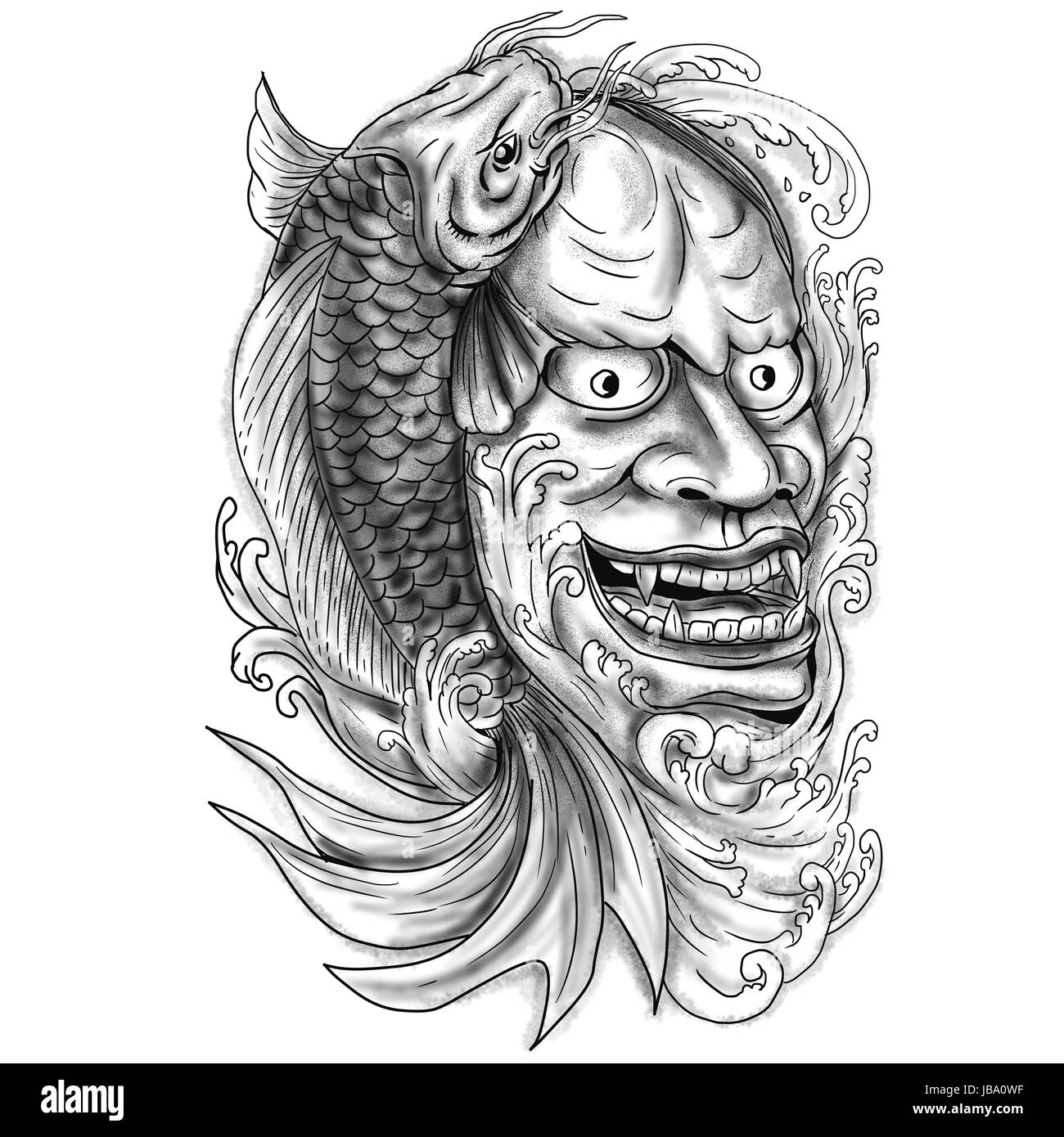 Tattoo-Stil Abbildung einer Hannya-Maske mit Koi-Karpfen und herabstürzende Wasser auf der Seite auf isolierten weißen Hintergrund gesetzt. Stockfoto