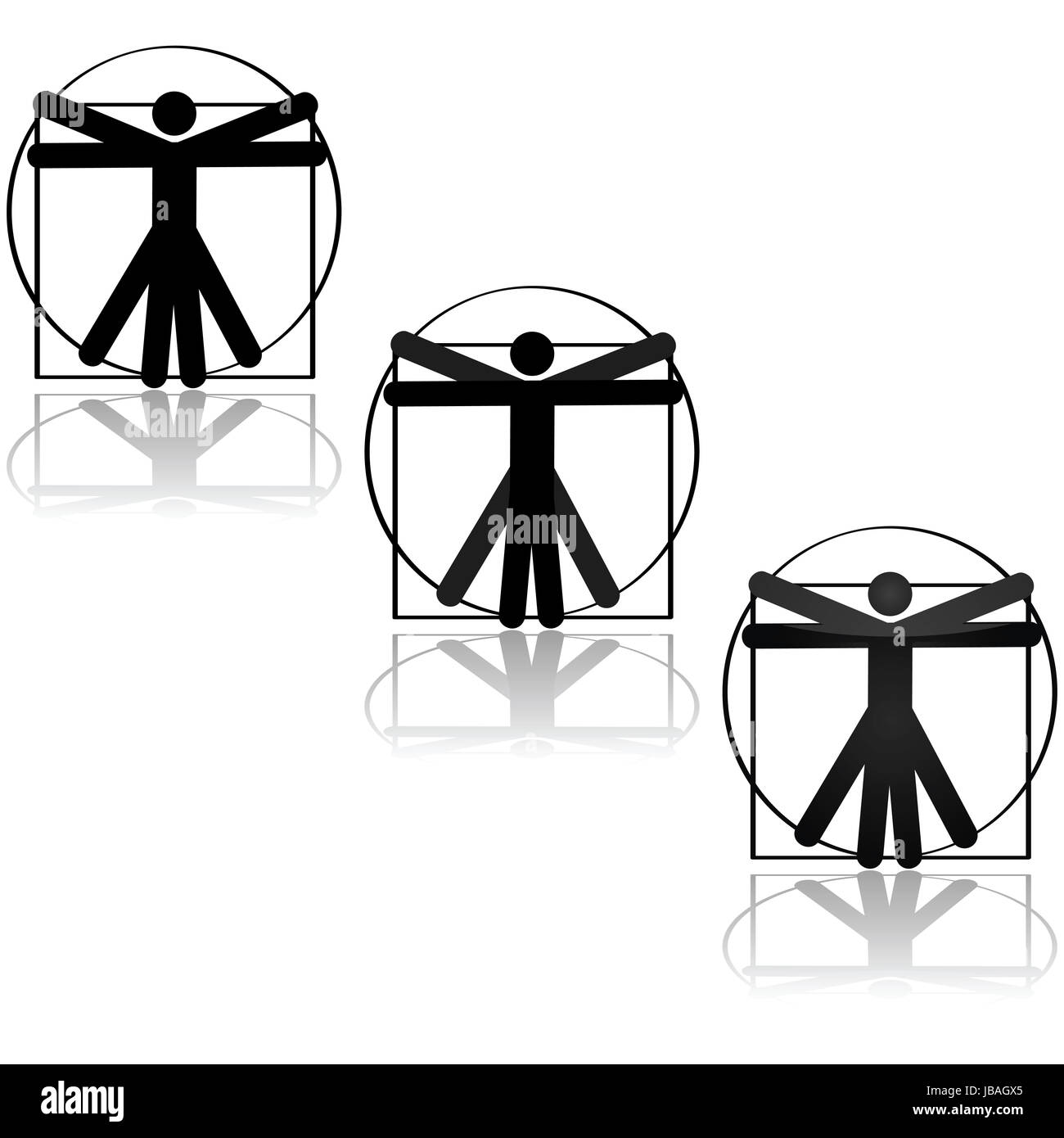 Symbol-Darstellung der berühmten Zeichnung von Leonardo Da Vinci genannt der vitruvianische Mensch. Stockfoto