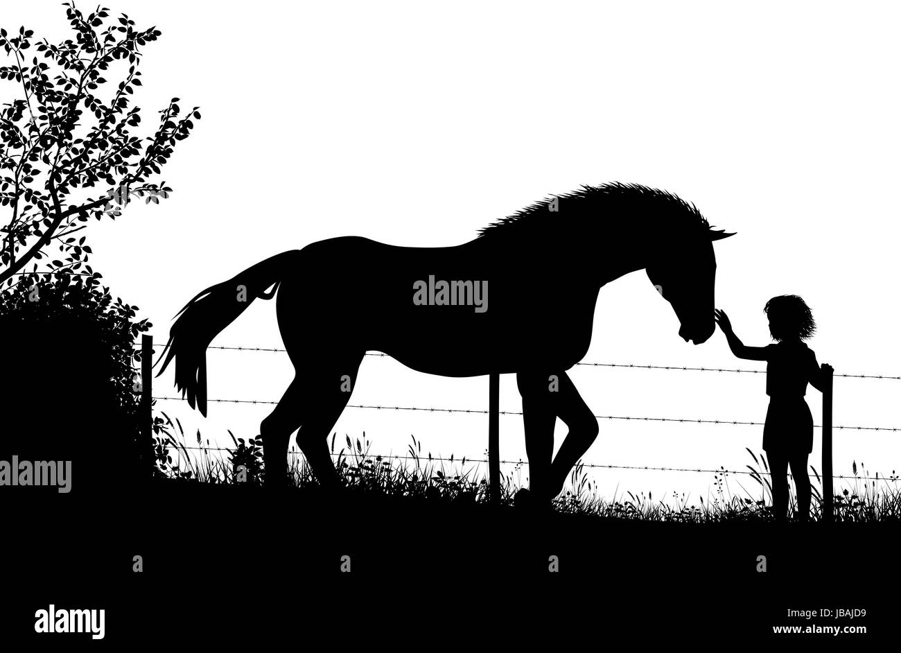 Bearbeitbares Vektor Silhouette eines jungen Mädchens streicheln ein Pferd in einem Feld mit Zahlen als separate Objekte Stock Vektor