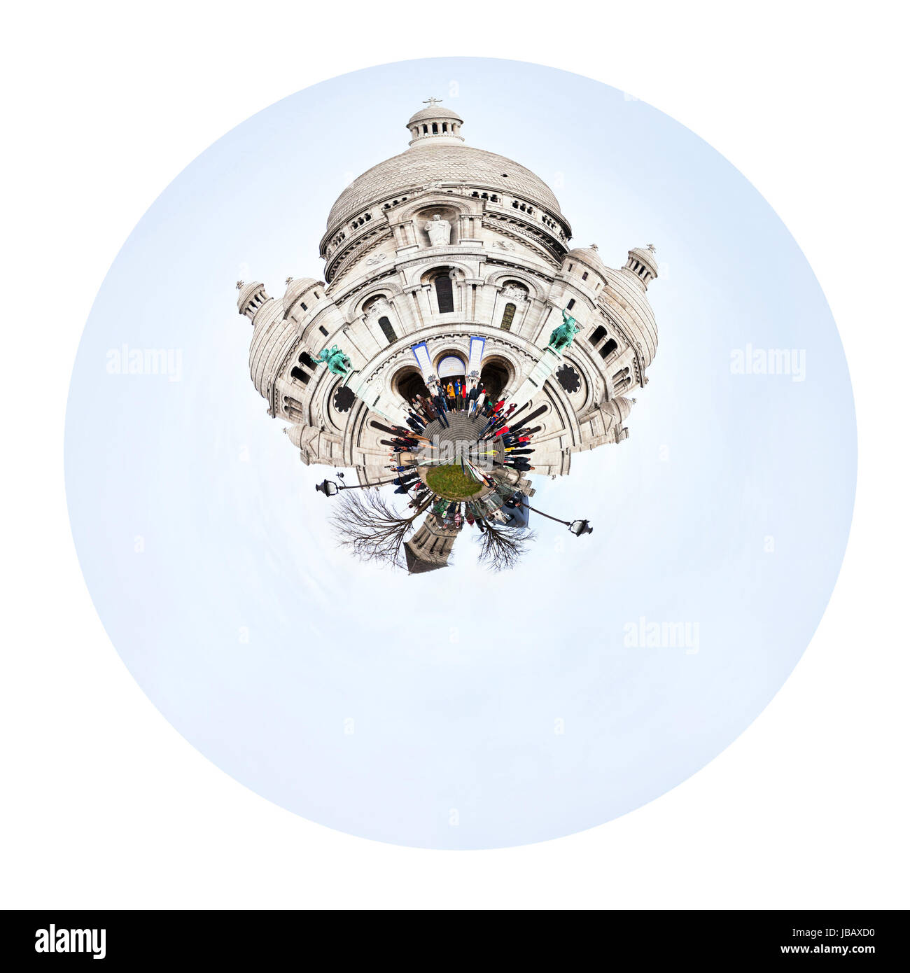 kleine Planeten - isoliert auf weißem Hintergrund städtischen sphärischen Ansicht der Basilika Sacre Coeur in Paris Stockfoto