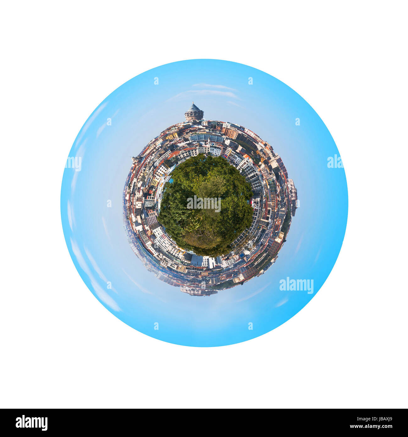 kleine Planeten - sphärische Stadtpanorama von Istanbul Türkei mit Blick auf den Turm und Galata-Viertel isoliert auf weißem Hintergrund Stockfoto