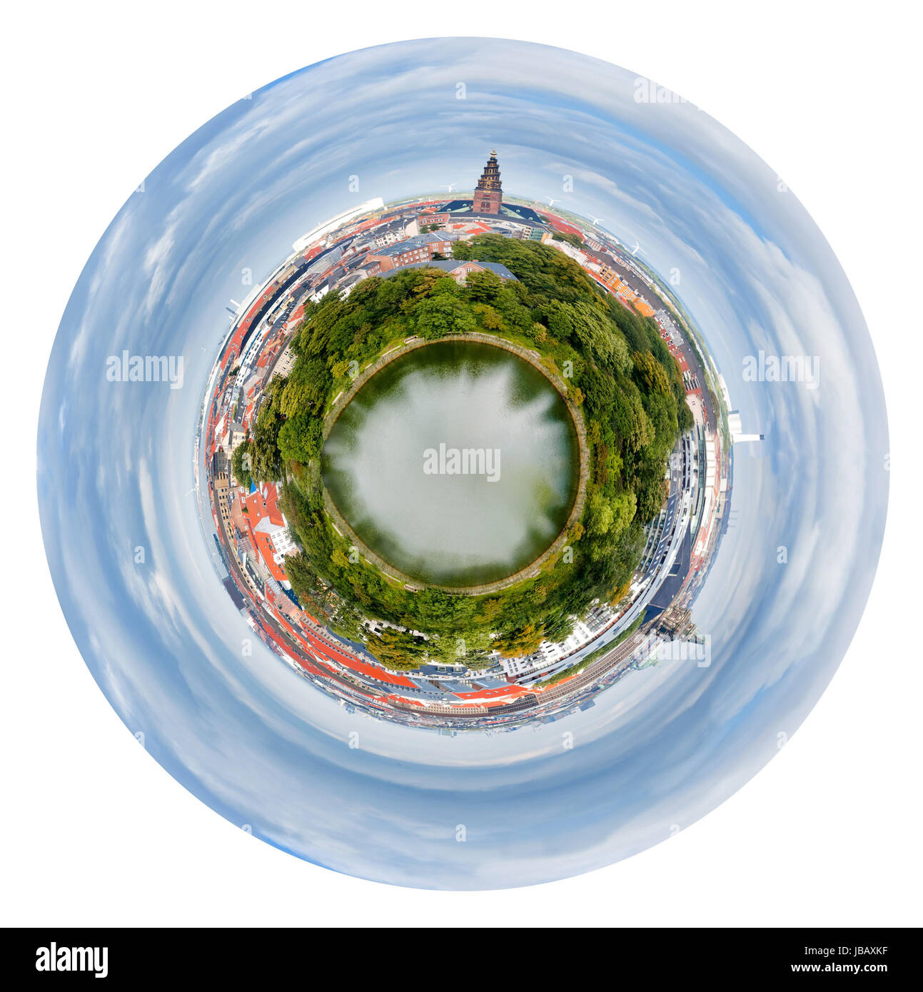 kleine Planeten - sphärische Stadtblick von Copenhagen City, Dänemark isoliert auf weißem Hintergrund Stockfoto kleine Planeten - sphärische Stadtblick von Copenhagen City, Dänemark isoliert auf weißem Hintergrund Stockfoto
