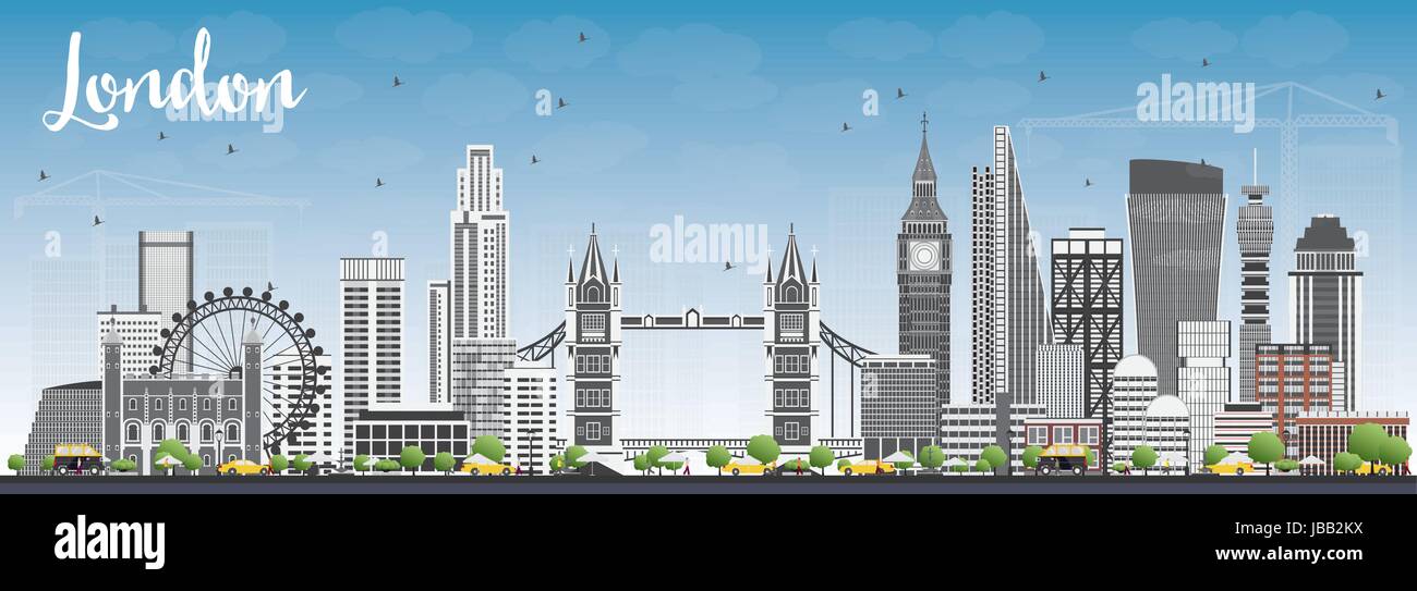 Skyline von London mit grauen Gebäuden und blauer Himmel. Vector Illustration. Stock Vektor