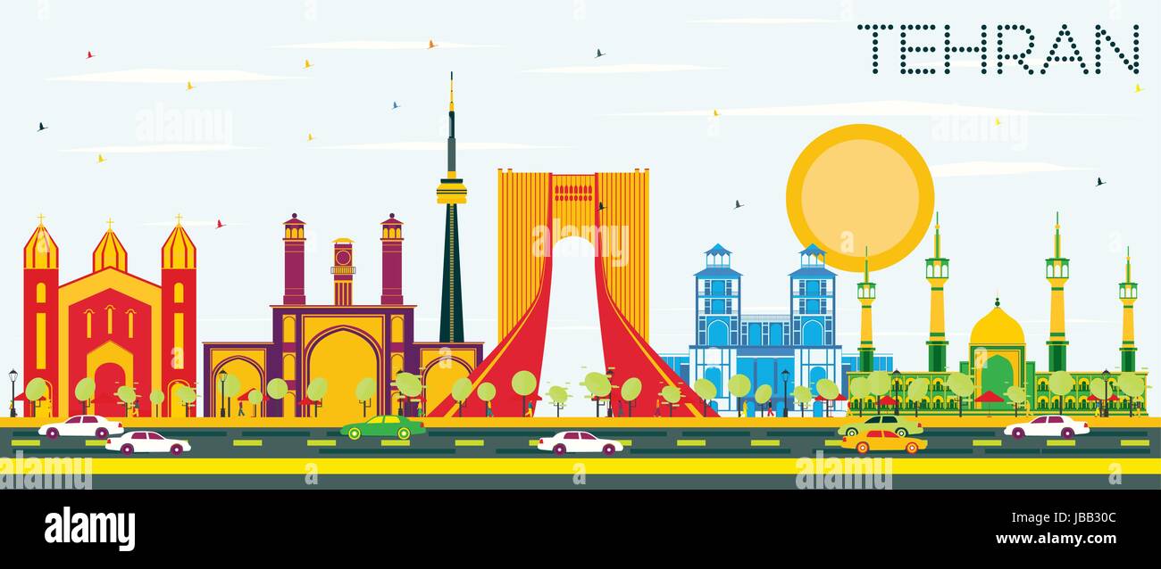 Teheran Skyline mit Farbe Wahrzeichen und blauer Himmel. Vector Illustration. Business Travel und Tourismus Konzept mit historischen Gebäuden. Stock Vektor