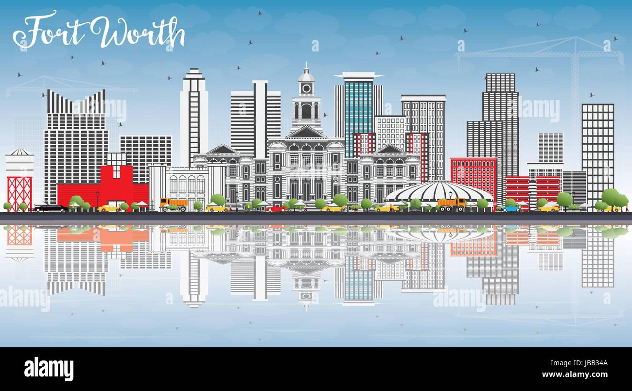 Fort Worth Skyline mit grauen Gebäuden, blauer Himmel und Reflexionen. Vektor-Illustration. Geschäftsreisen und Tourismus-Konzept mit moderner Architektur. Stock Vektor