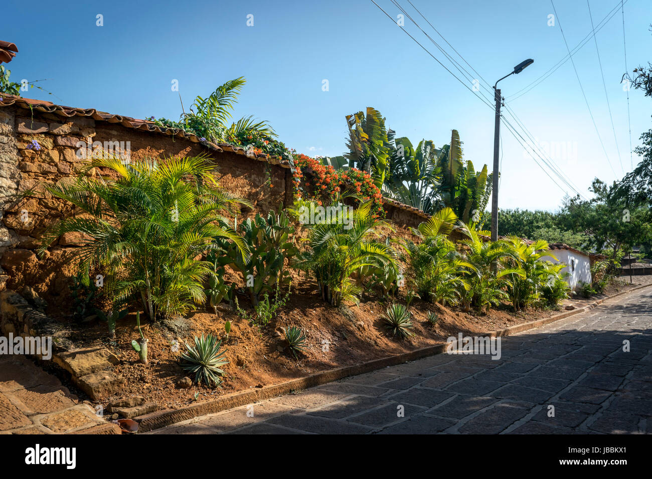 Wand-Schlamm-Mauer in Barichara, Santander, Kolumbien Stockfoto