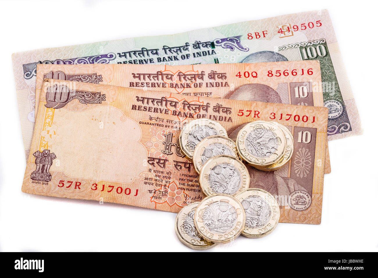 Britische Pfund-Münzen gelegt auf indische Rupie Notizen Stockfoto