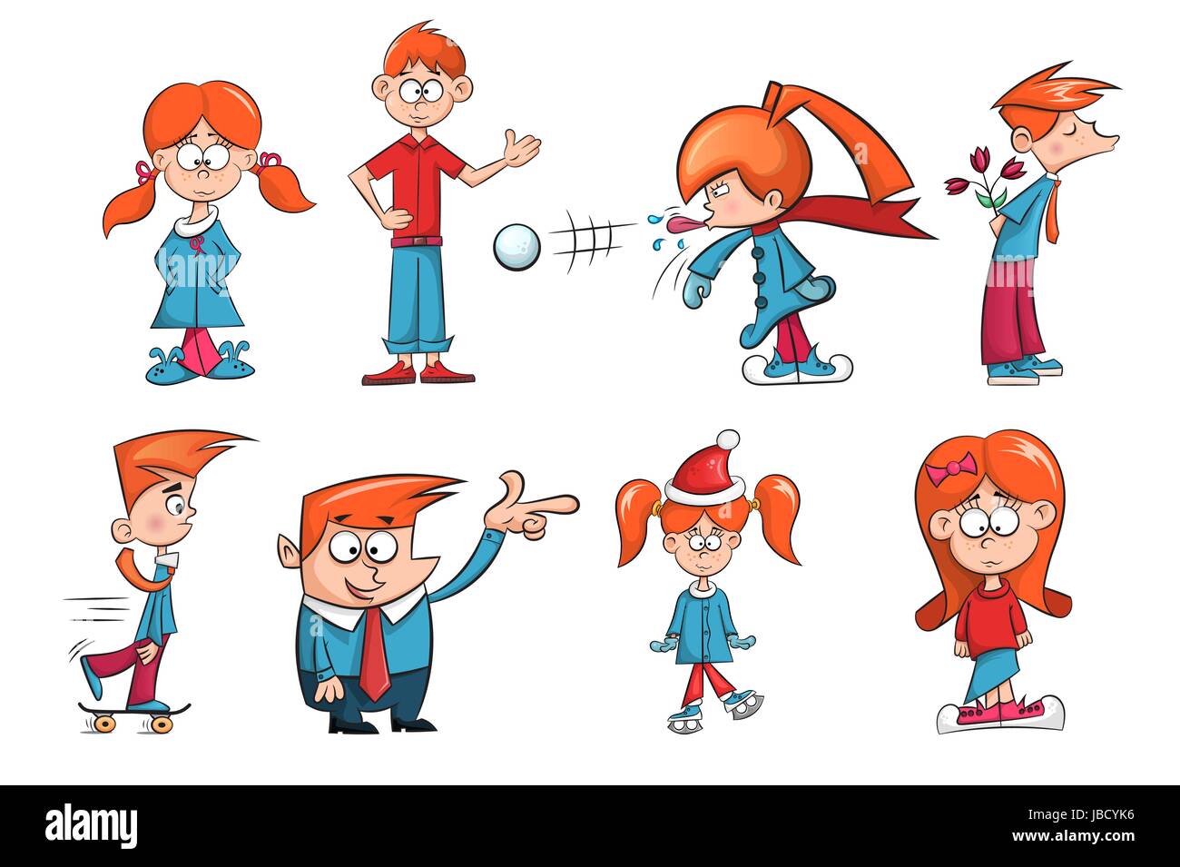 Cartoon-Figuren-Mädchen und jungen. Eis, Schnee, Skate, Blume Abbildung. Stock Vektor