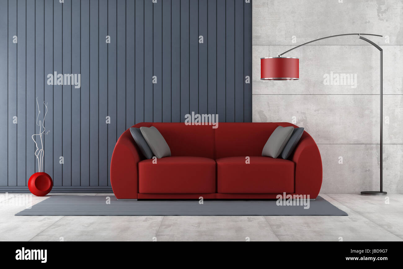 Zeitgenössische Wohnzimmer mit roten Couch gegen blauen Latten und konkrete Panel - Rendering Stockfoto