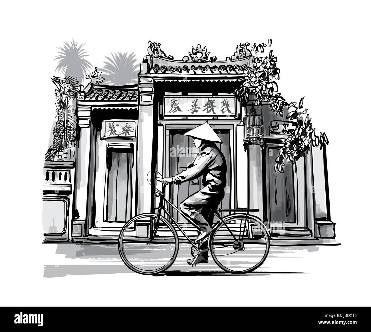 Vietnamesen mit kegelförmiger Hut auf Fahrrad - Vektor-illustration Stock Vektor