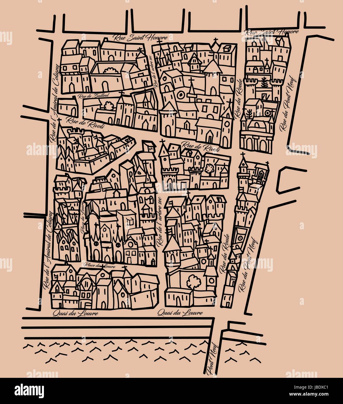 Imaginäre alte Karte inspiriert von alten Mittelalter diejenigen, schön für  original Geschenkpapier, Bezirk Saint Honore in Paris - Vektor-illustration  Stock-Vektorgrafik - Alamy