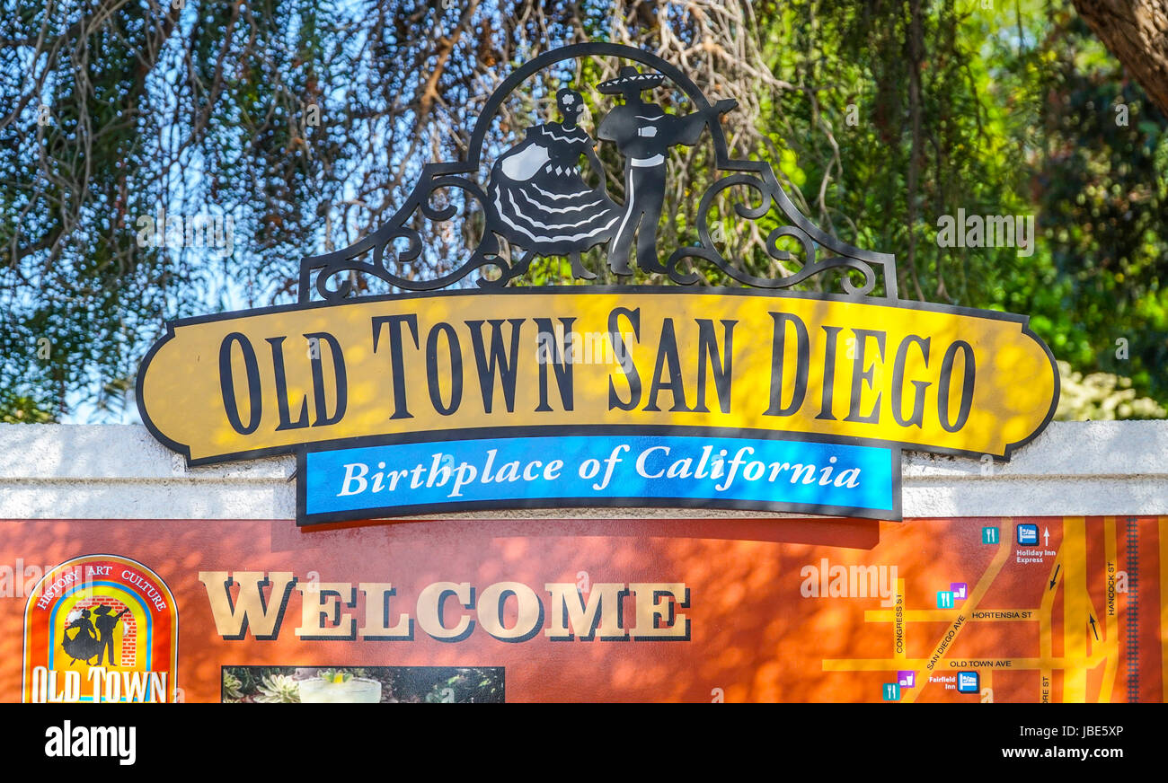 Willkommens-Schild nach Old Town San Diego - SAN DIEGO - Kalifornien Stockfoto