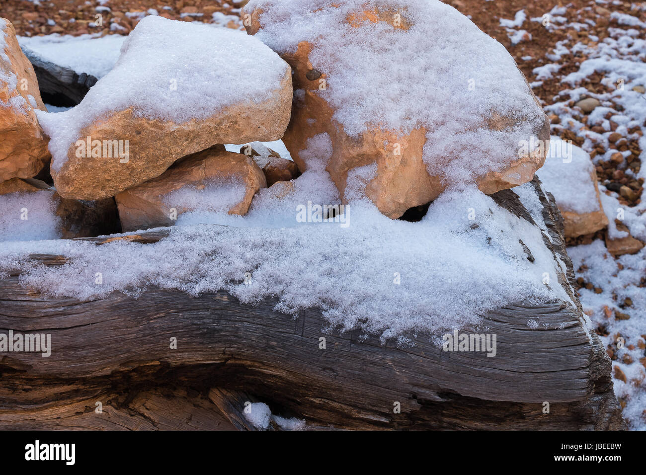 Schnee auf Steinen und Holz, Red Canyon in Utah; USA Stockfoto