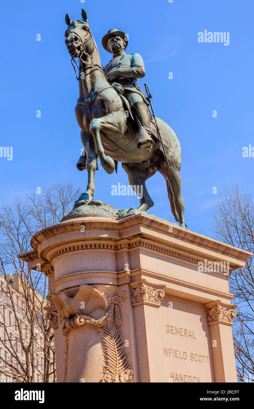 General Winfield Scott Hancock Reiterstatue Bürgerkrieg Memorial Pennsylvania Avenue Washington DC.  Erstellt von Henry Ellicot und im Jahre 1896 eingeweiht. Stockfoto