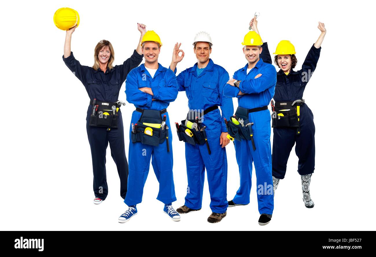 Team von erfolgreichen Architekten posieren zusammen. Fröhliche Zeit gemeinsam feiern. Stockfoto