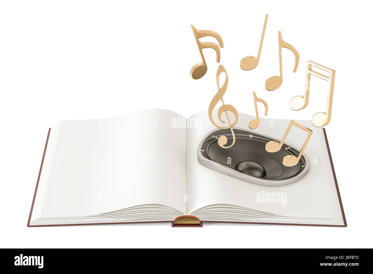 Buch mit Lautsprecher und Musik Noten, Hörbuch-Konzept eröffnet. 3D-Rendering Stockfoto