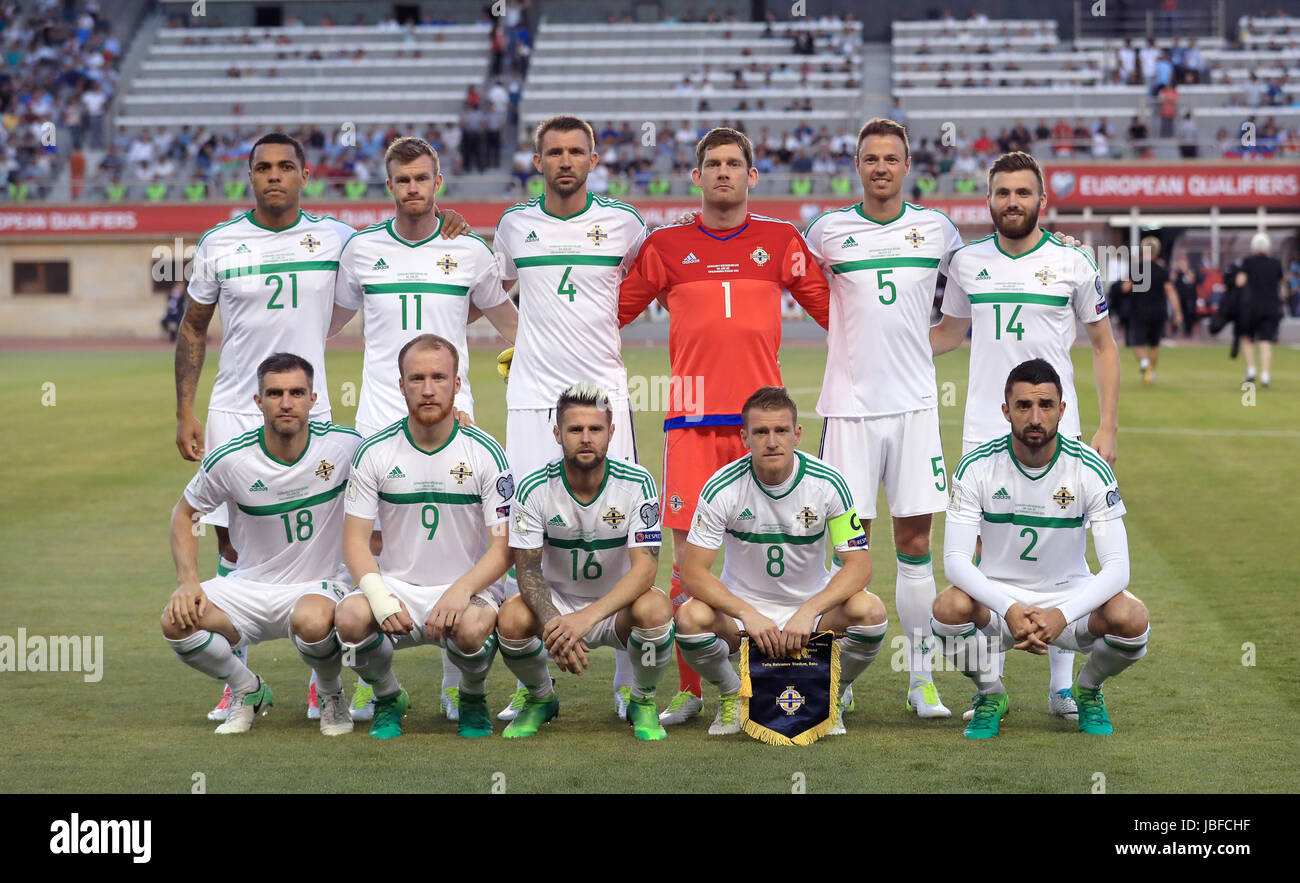 Nordirland-Team-Gruppe (obere Reihe von links nach rechts) Josh Magennis, Chris Brunt, Gareth McAuley, Michael McGovern, Jonny Evans und Stuart Dallas (Row von links nach rechts) Aaron Hughes, Liam Boyce, Oliver Norwood, Steven Davis und Conor McLaughlin im Zeittraining die 2018 FIFA World Cup, Gruppe C match bei Tofik Bachramow-Stadion in Baku. PRESSEVERBAND Foto. Bild Datum: Samstag, 10. Juni 2017. Finden Sie unter PA Geschichte Fußball Aserbaidschan. Bildnachweis sollte lauten: Tim Goode/PA Wire. Einschränkungen: Nur zur redaktionellen Verwendung, nicht für kommerzielle Zwecke ohne vorherige Erlaubnis erfragen Sie bitte bei PA Bilder f Stockfoto