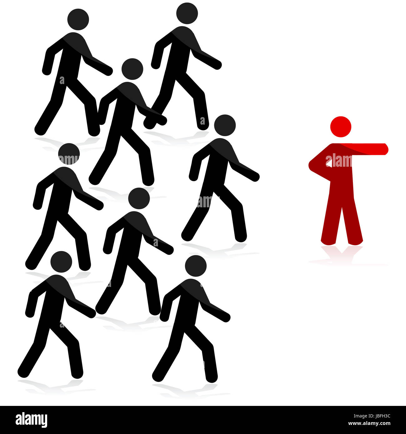Konzept-Darstellung, die eine rote Mann zeigen nach vorn und eine Gruppe von Menschen, die nach Stockfoto