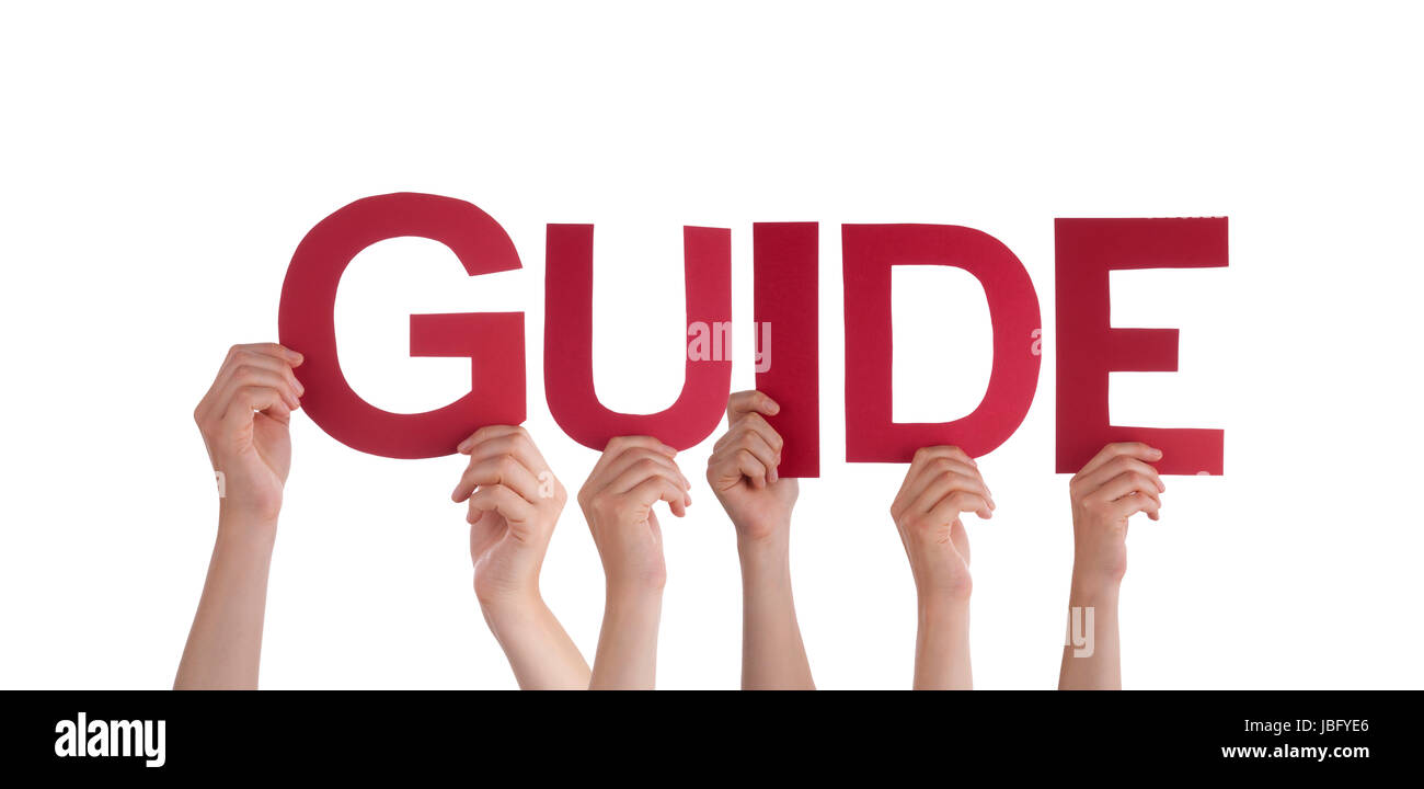 Viele Menschen halten die rote Wort Guide, isoliert Stockfoto