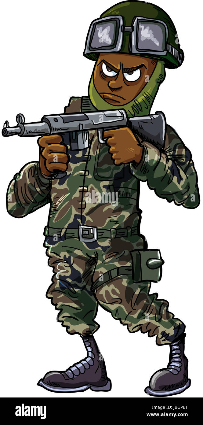 Schwarz Cartoon Soldat mit Gewehr. Isoliert auf weiss Stockfoto