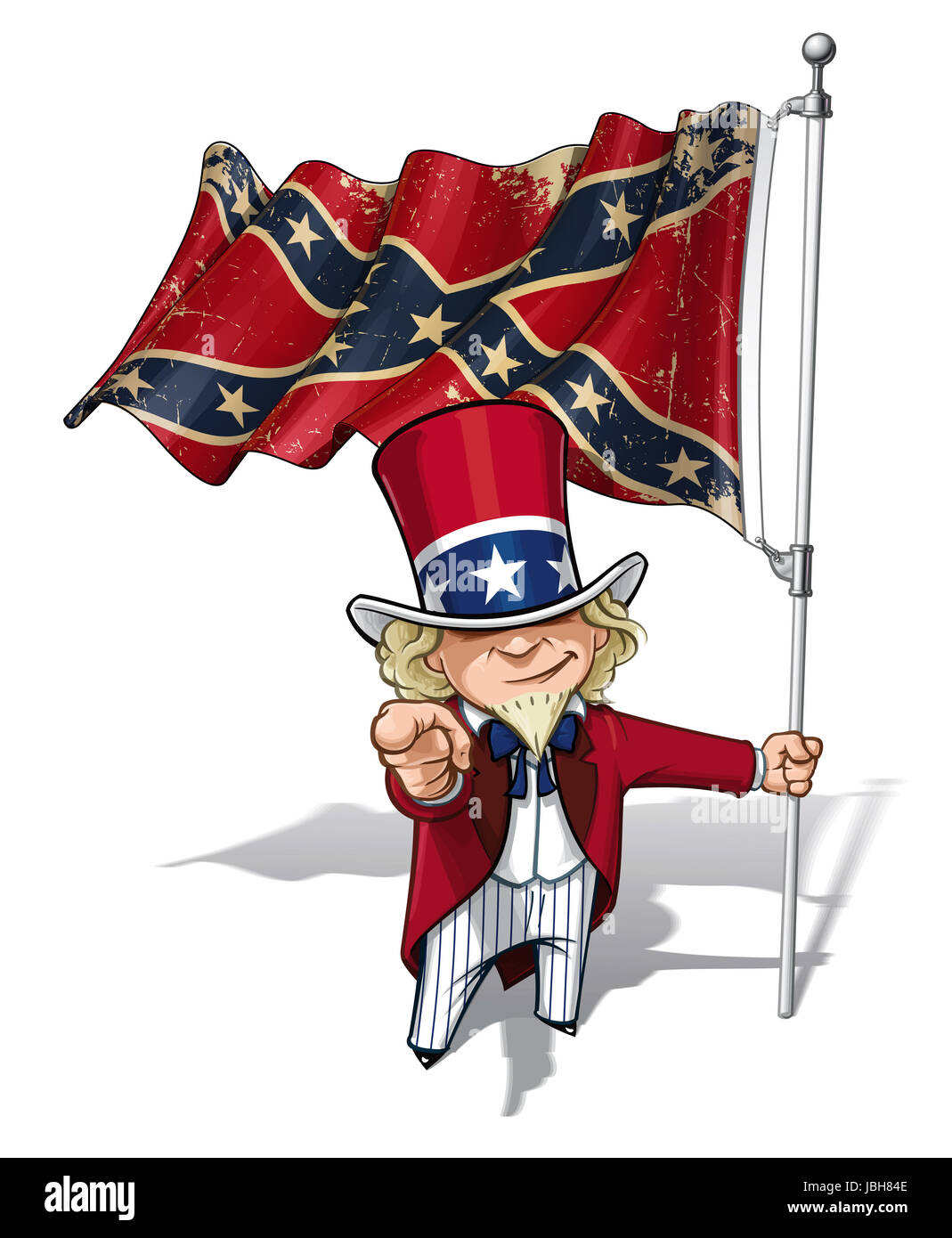 Vector Cartoon Illustration von Süden Uncle Sam hält ein winken ein American civil war Süden Flagge (Stars And Bars), zeigen, "Ich will dich". Flagge von Textur und Farbe Sepia können entfernt werden, durch die jeweiligen Layer deaktivieren. Stockfoto